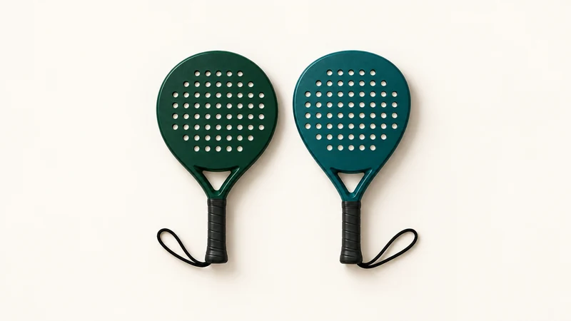 Two green padel rackets with evenly spaced circular holes and dark wrapped handles.