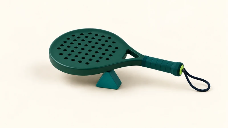 A green perforated padel racket rests across a small teal balance support.