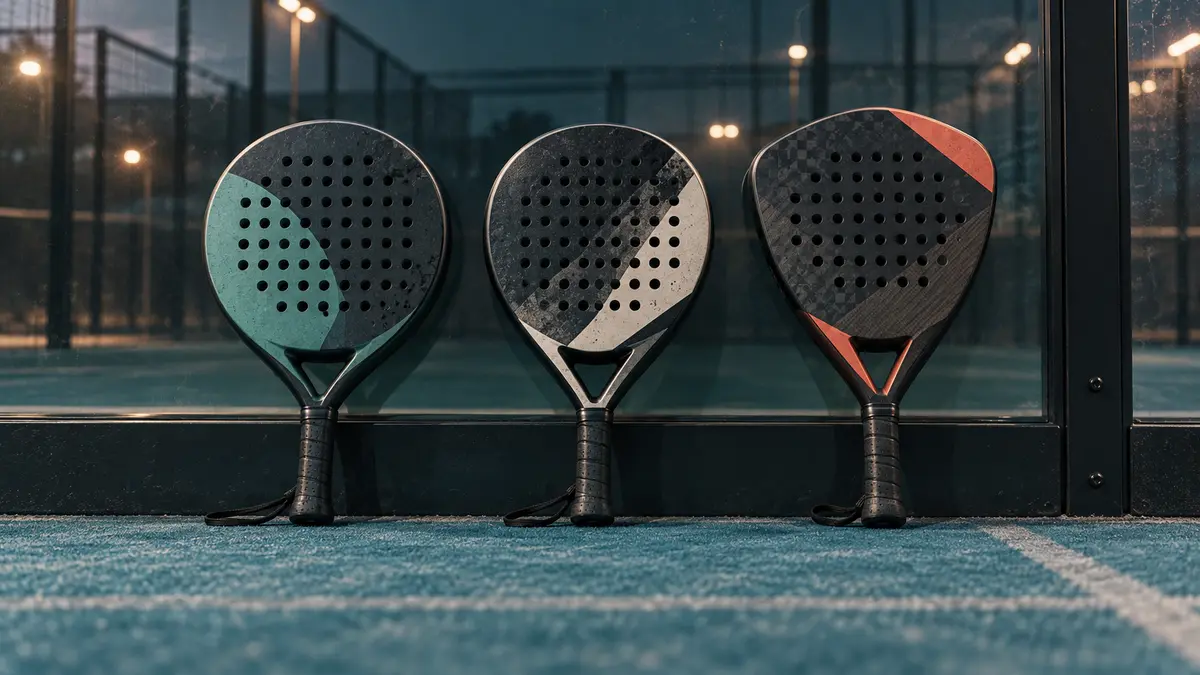 Three unbranded padel rackets with round, hybrid and diamond heads lined up against a court wall
