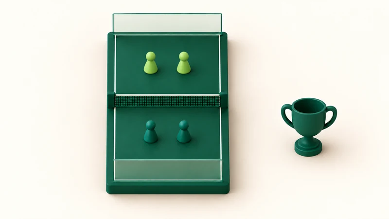 Four rounded player markers on a symmetrical green padel court tile beside a trophy.