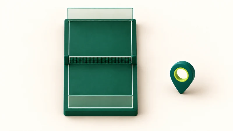 A symmetrical green padel court tile beside a teal and lime location pin.