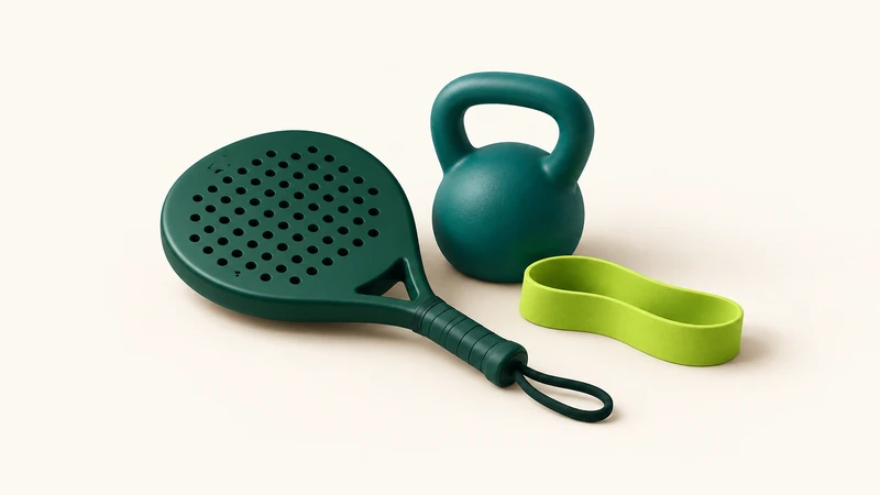 A padel racket beside a kettlebell and looped resistance band.