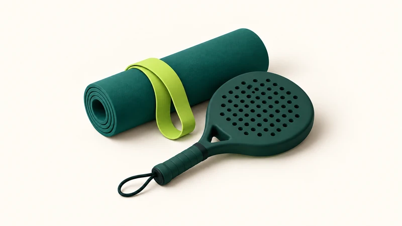 Padel racket and resistance band resting beside a rolled exercise mat.