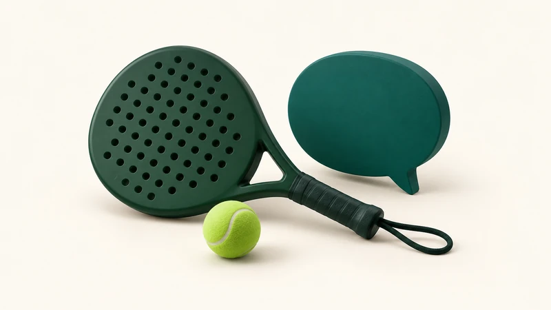 A green padel racket beside a blank teal speech bubble and a lime ball on a cream background.