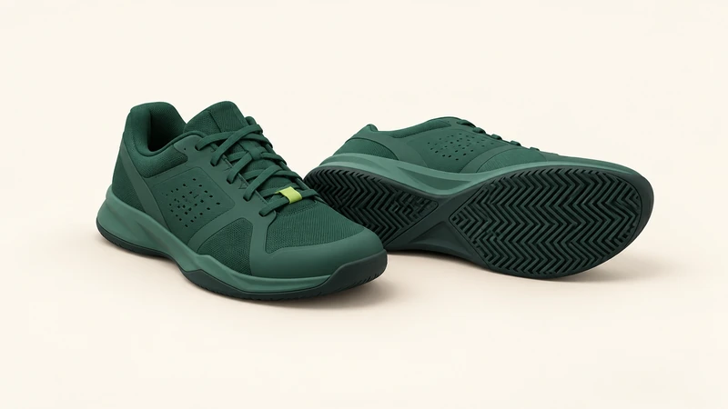Two unbranded green court shoes, one upright and one showing its outsole.