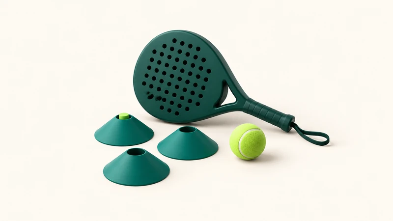 A padel racket beside three low training markers and a lime ball.