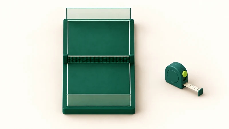 A symmetrical green padel court tile beside a teal measuring tape.