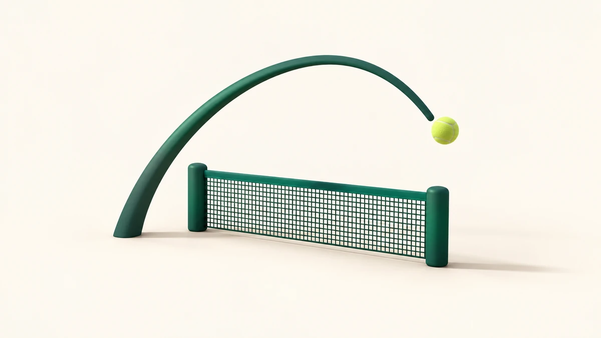 A green lob arc and lime ball above a small teal net on a cream background.