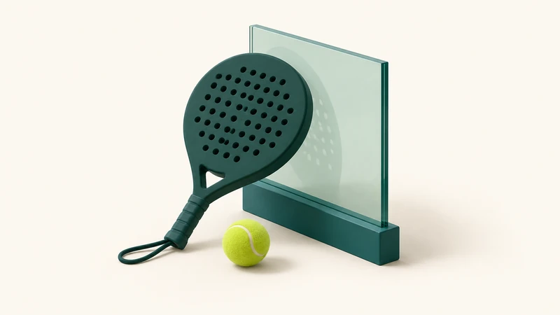 A green perforated padel racket and lime ball beside a small glass wall.