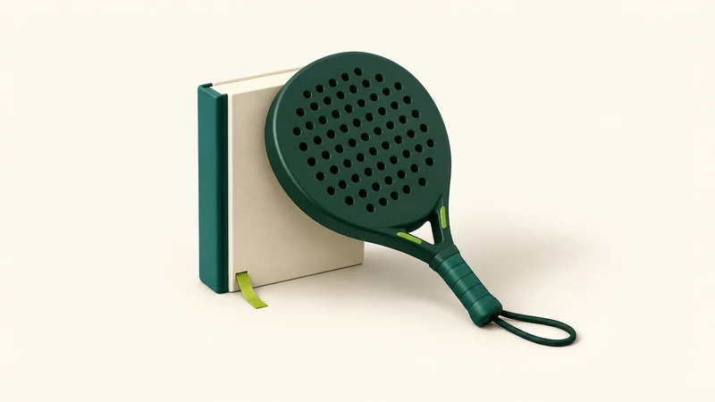 A padel racket resting against a blank archival book.