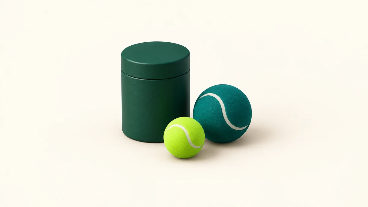 A green ball storage cylinder beside teal and lime balls on a cream background.