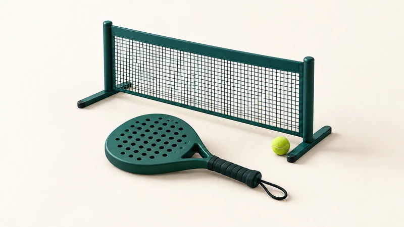 A lime ball stopped at a miniature net beside a green padel racket.