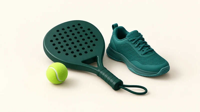 Padel racket, court shoe and lime ball arranged for a first session.
