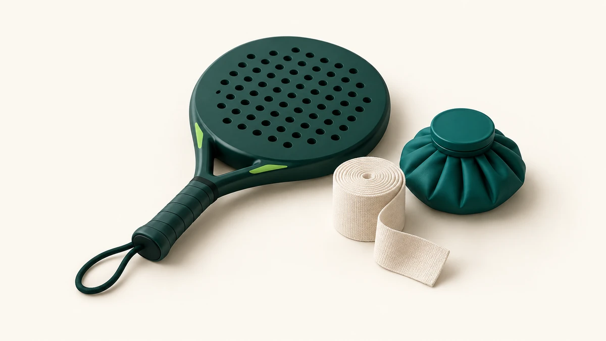A green padel racket beside a rolled sports bandage and a small reusable cold pack.