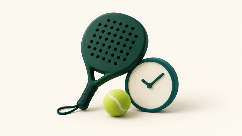 A green padel racket and lime ball beside a simple cream clock.