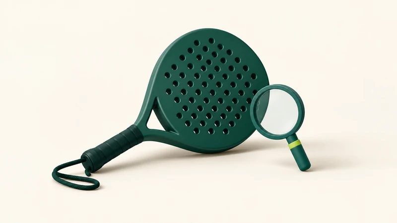 A green padel racket beside a teal magnifying glass on a cream background.