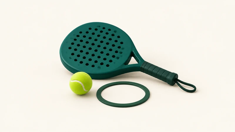 A padel racket with a lime ball and a small practice target.