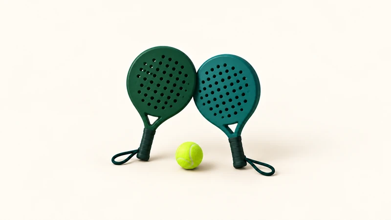 Two upright green and teal padel rackets beside a lime ball on a cream background.