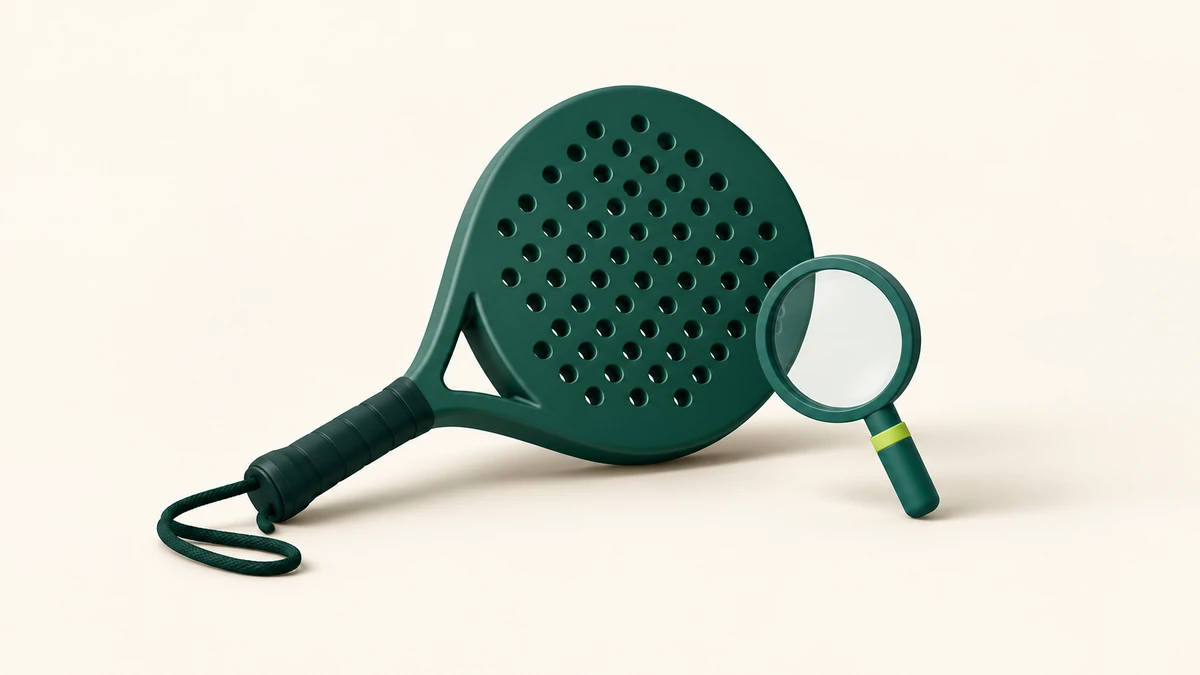 A green padel racket beside a teal magnifying glass on a cream background.