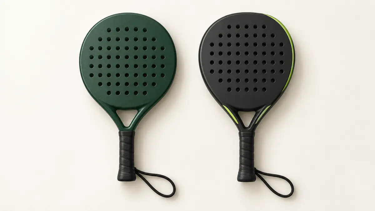Two unbranded padel rackets, one green and one charcoal with lime trim, on a cream background.