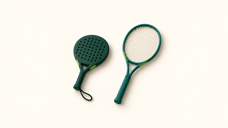A short perforated padel racket beside a longer stringed tennis racket.