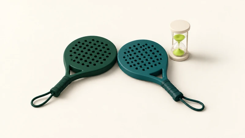 Two padel rackets touching beside a small hourglass for a between-point reset.