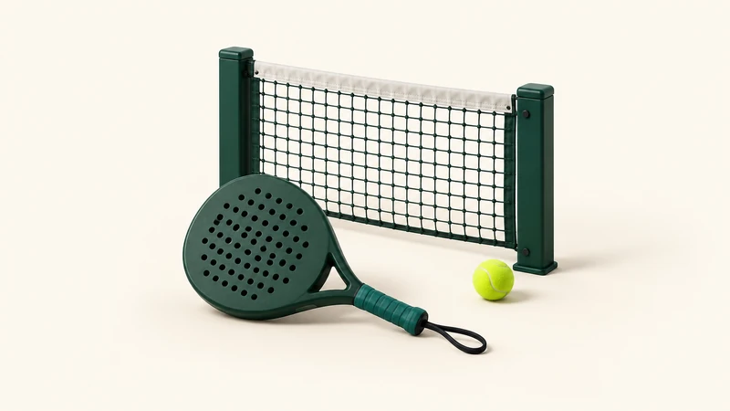 A green perforated padel racket and lime ball beside a short section of net on a cream background.