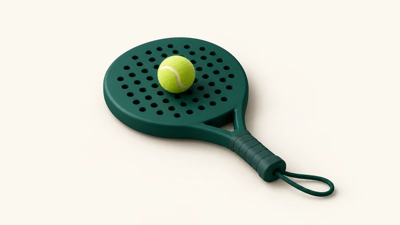 A lime padel ball resting in the centre of a green racket face.