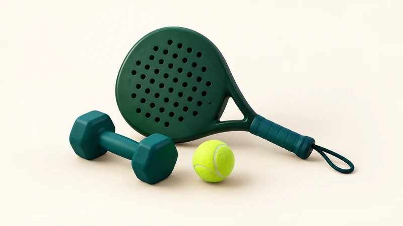 Green padel racket, teal dumbbell and lime ball on a cream background.