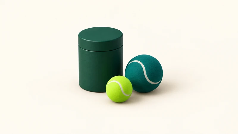 A green ball storage cylinder beside teal and lime balls on a cream background.