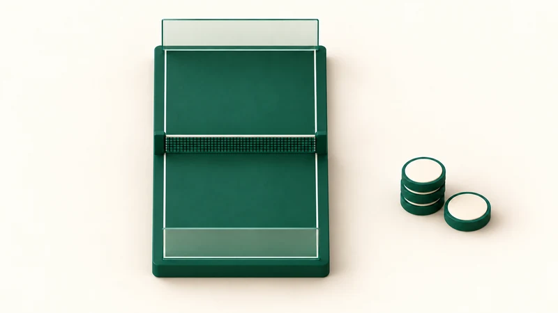 A symmetrical green padel court tile beside a stack of cream and green coins.