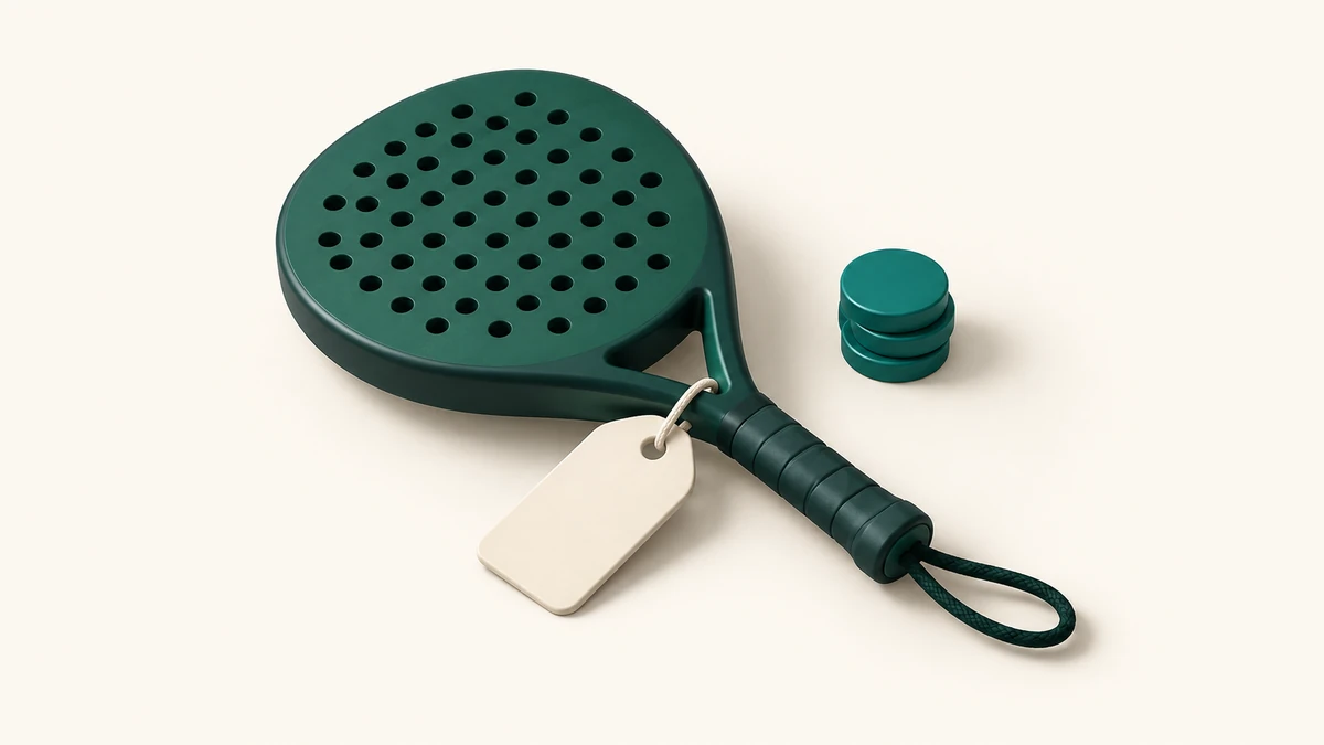 A generic green padel racket with a blank price tag and plain coins.