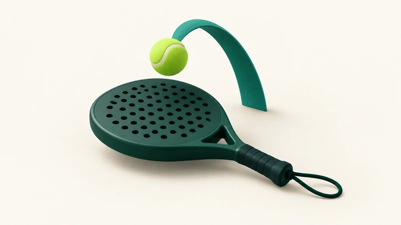 A green padel racket, lime ball and a curved shot path.