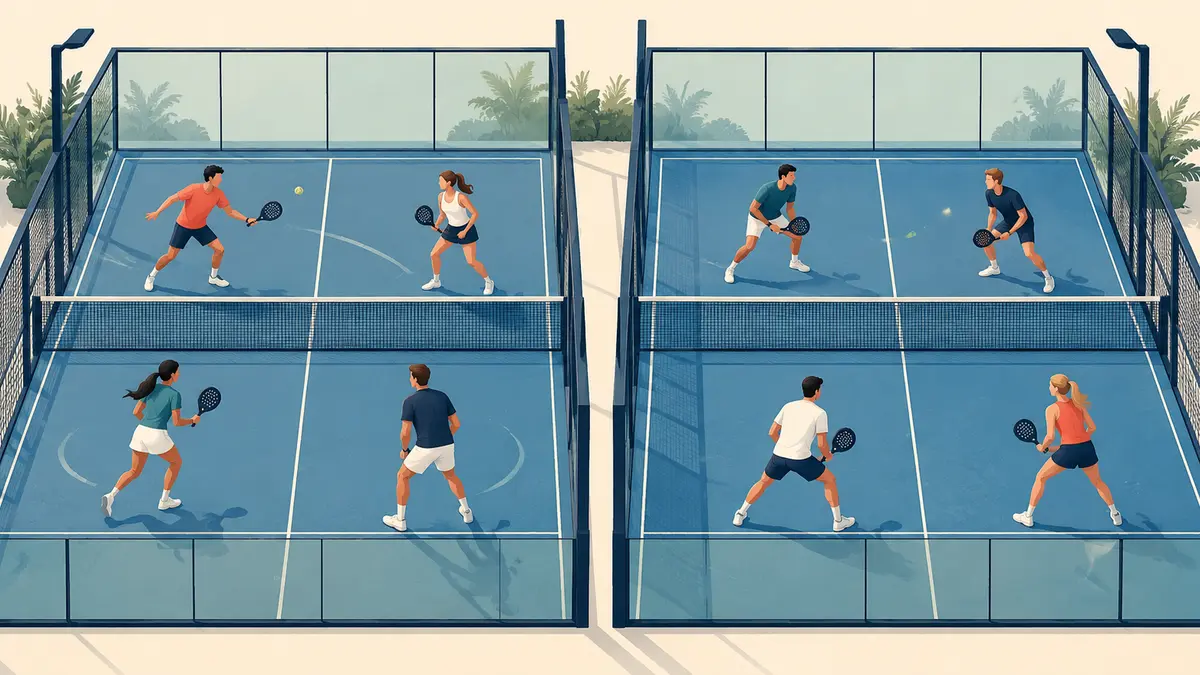 Two padel courts illustrating Americano partner rotation and Mexicano ranking-based matchups