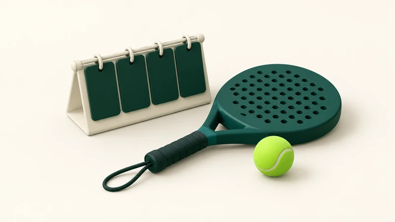 A blank manual score counter beside a padel racket and lime ball.