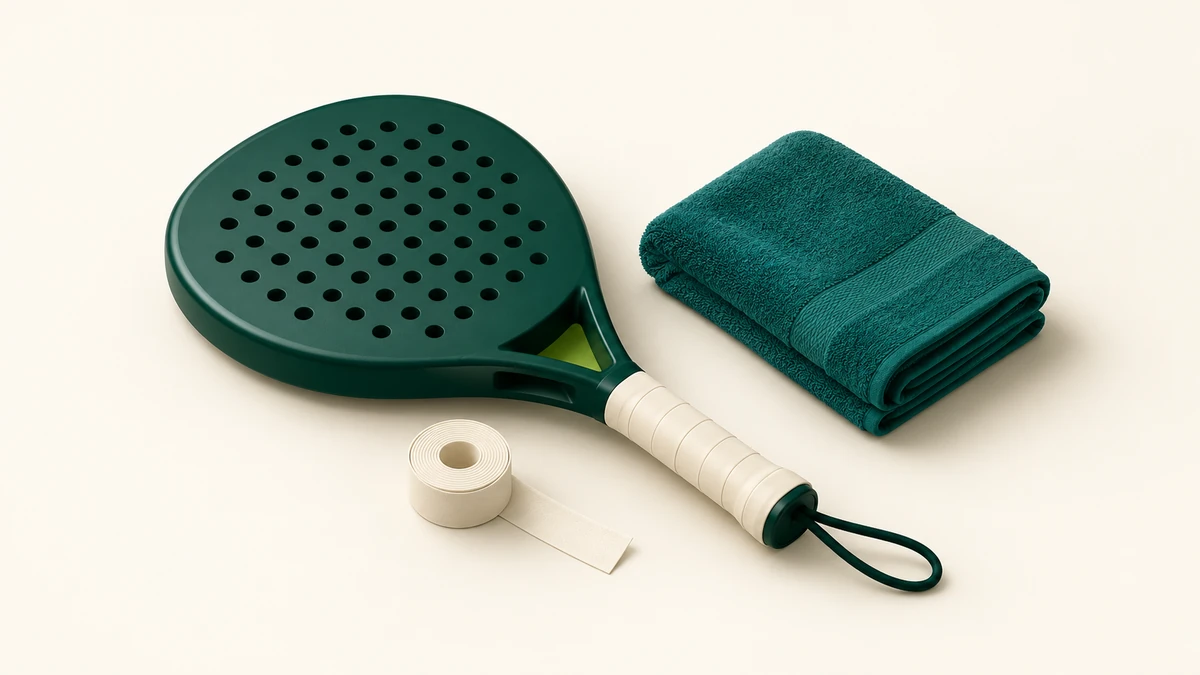 A padel racket with a fresh overgrip beside an overgrip roll and folded towel.