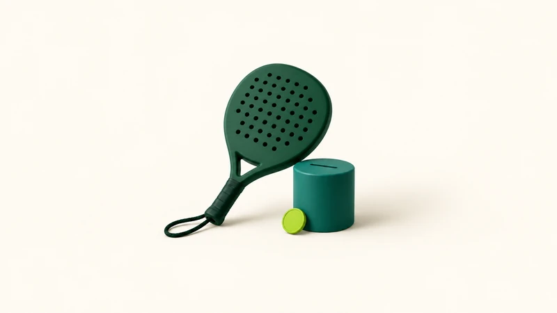 A green padel racket beside a teal savings bank and a lime coin on a cream background.