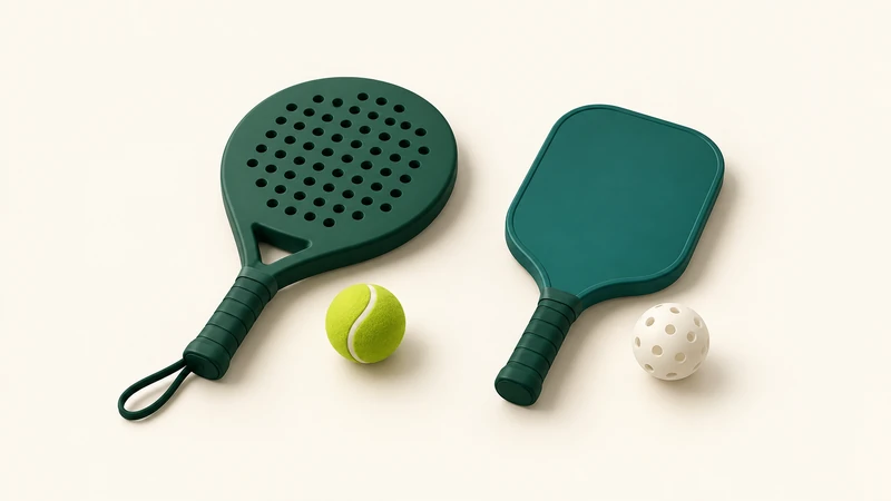 A perforated padel racket with a felt ball beside a solid pickleball paddle and perforated ball.