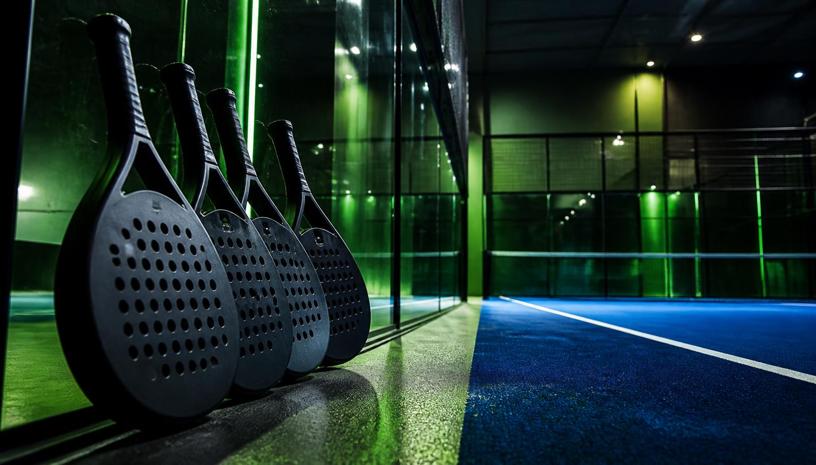 Unbranded padel rackets resting against the glass wall of a floodlit indoor court