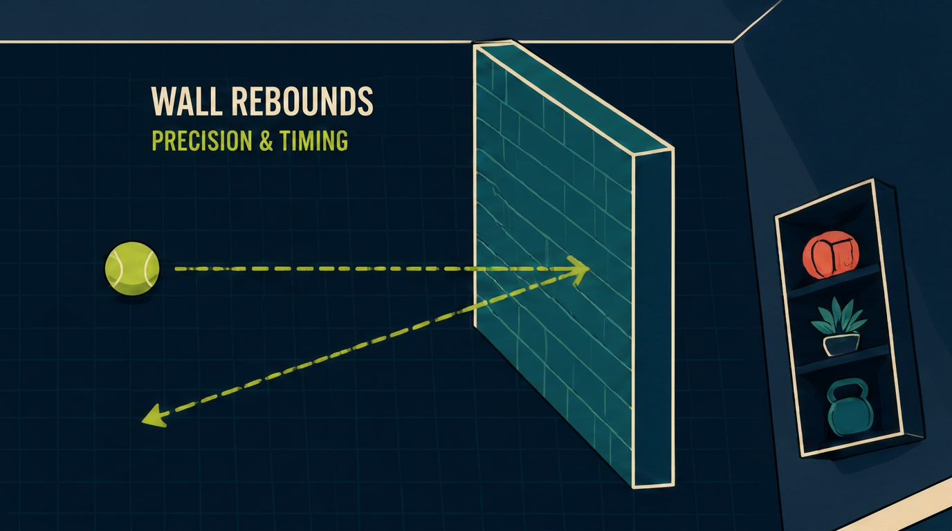 Side-view diagram of a player positioned three to four metres from a solid wall, with the ball path out to the wall and back, and a marked keep-clear zone behind the player.