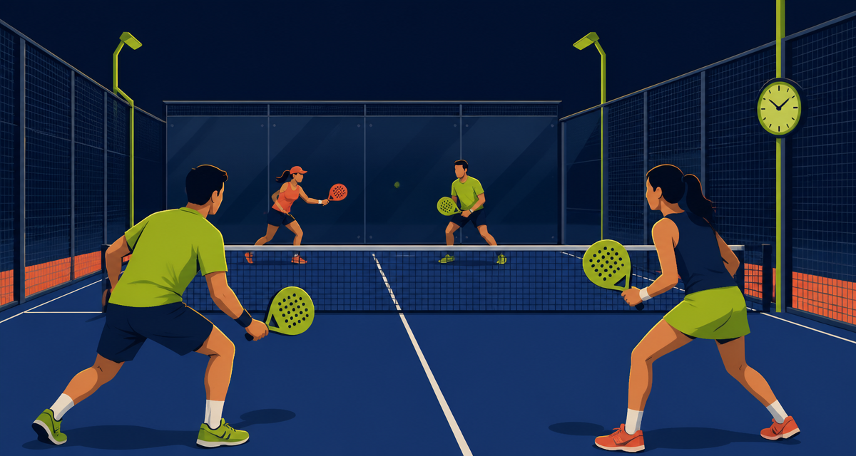 Four players on an enclosed padel court with a clock beside the court.