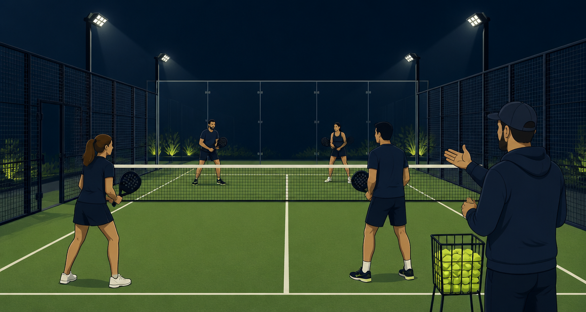 Illustrated beginner joining three players for a first session on an enclosed padel court
