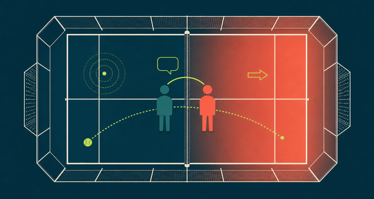Top-down illustration of padel partners pausing between points to reset and communicate