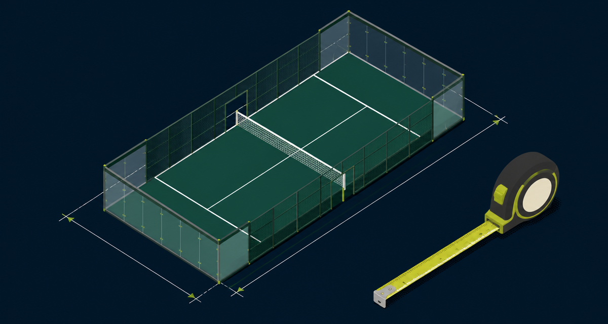 Illustrated regulation padel court with architectural measuring lines and a tape measure