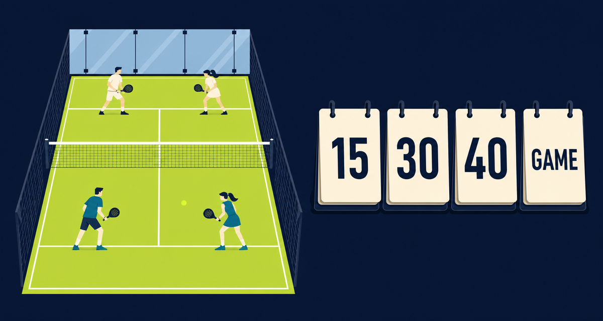 Illustrated doubles padel court beside a four-panel manual scoreboard showing the progression of a game