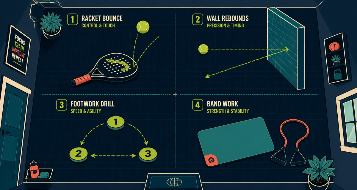 Flat top-down illustration of a home training space split into four stations: racket taps, a wall rebound path, three footwork markers, and a resistance band beside an exercise mat.