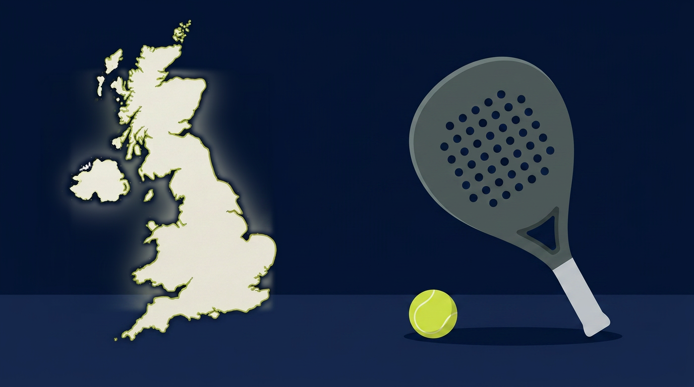 Illustrated United Kingdom map beside a padel court representing the growth of players and courts