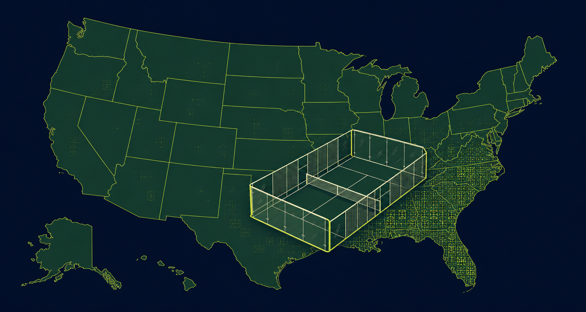 Illustrated United States map and enclosed padel court representing player growth and concentrated court supply